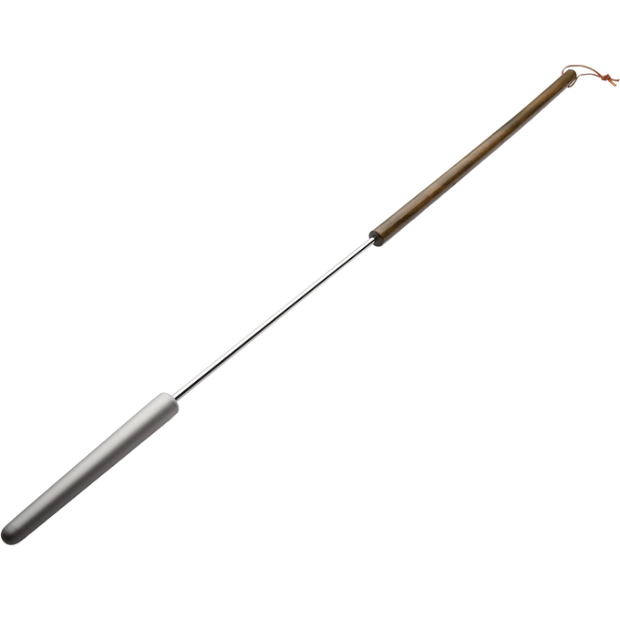 Long handcrafted bread and biscuit stick with a wooden handle and metal shaft, designed for roasting dough over a campfire, ideal for camping and farm tool use.