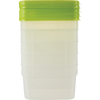 Stack of durable 1-pint plastic freezer containers with bright green lids, featuring fill lines and quantity markings, designed for Kitchen & Food, Food Preservation, Freezing, Storage and Serving, USA Made collections.