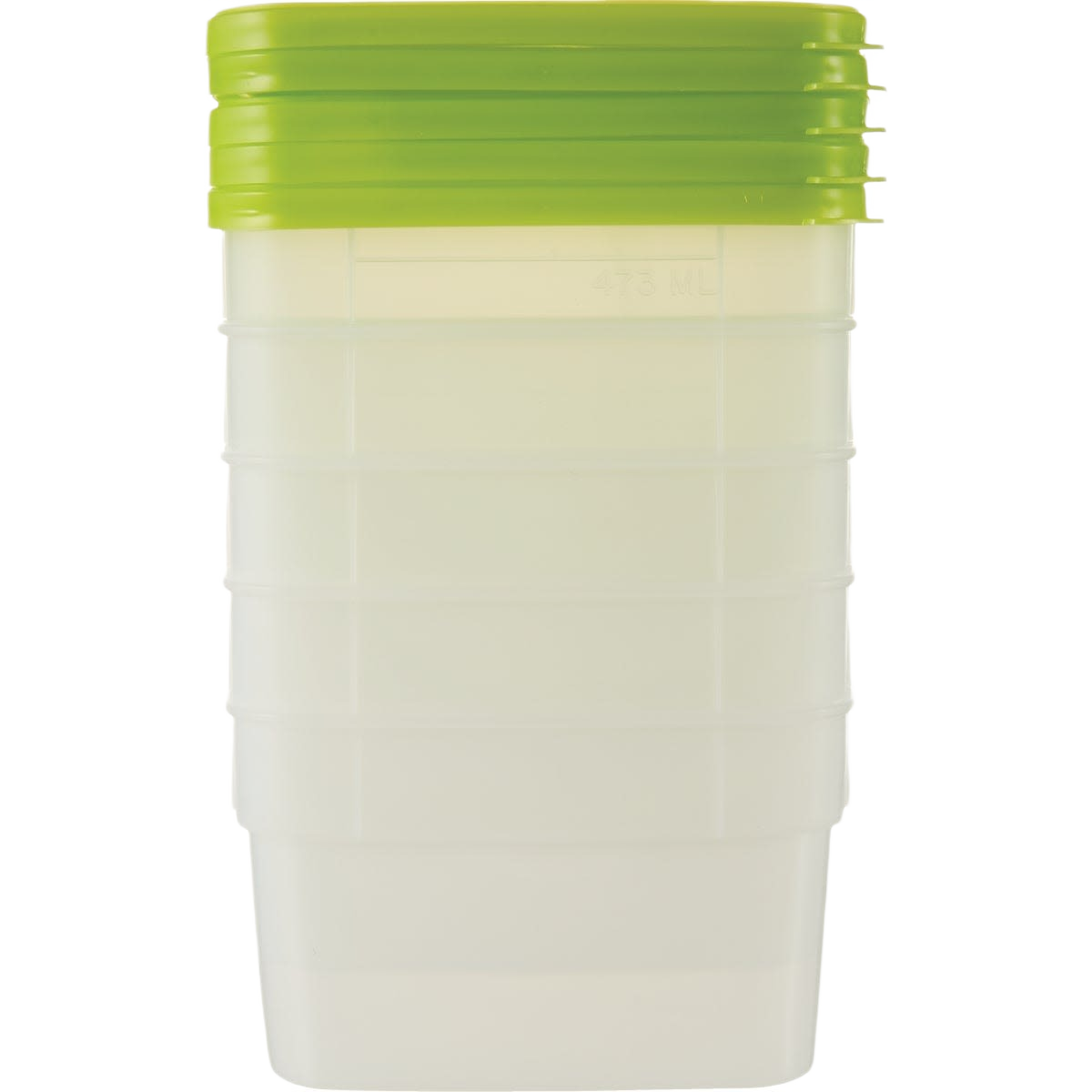 Stack of durable 1-pint plastic freezer containers with bright green lids, featuring fill lines and quantity markings, designed for Kitchen & Food, Food Preservation, Freezing, Storage and Serving, USA Made collections.