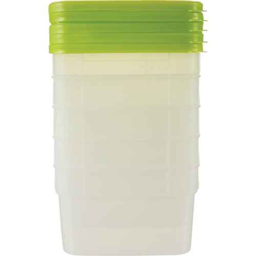 Stack of durable 1-pint plastic freezer containers with bright green lids, featuring fill lines and quantity markings, designed for Kitchen & Food, Food Preservation, Freezing, Storage and Serving, USA Made collections.