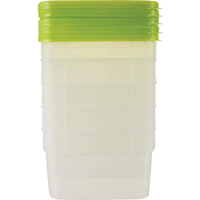Stack of durable 1-pint plastic freezer containers with bright green lids, featuring fill lines and quantity markings, designed for Kitchen & Food, Food Preservation, Freezing, Storage and Serving, USA Made collections.
