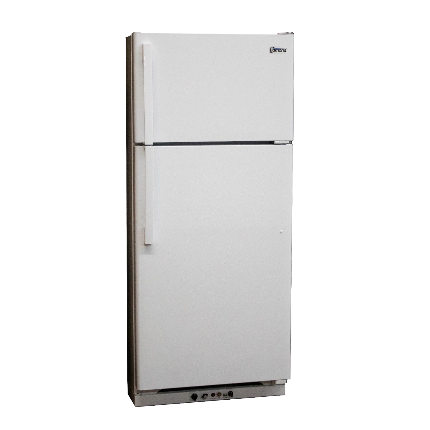 White freestanding gas refrigerator with top freezer compartment and simple vertical handles, designed for efficient space use in appliances, refrigerators and freezers, and best sellers collections.