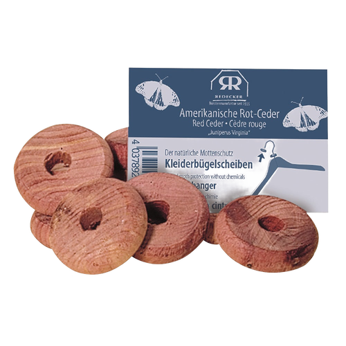 Handcrafted red cedar hanger discs emitting a natural aroma to repel moths, ideal for refreshing closets and wardrobes, featured in Health & Wellness and Household Helpers collections.