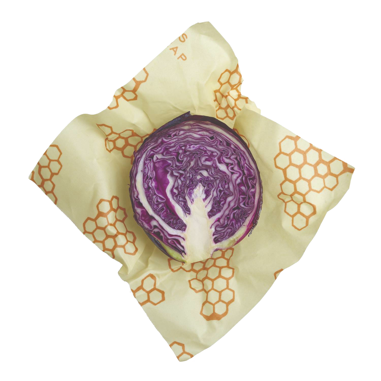 Large handmade beeswax wrap with honeycomb pattern enclosing a halved purple cabbage, ideal for eco-friendly food storage in Kitchen & Food, Storage and Serving, USA Made, and Best Sellers collections.