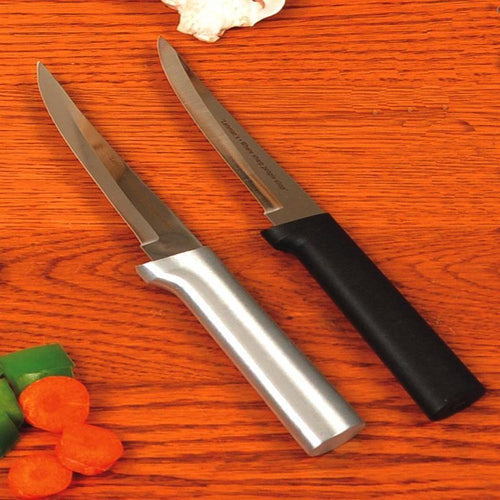 Two handcrafted high carbon stainless steel paring knives with solid aluminum and black handles, made in USA, perfect for farm, garden, kitchen, and food prep use.