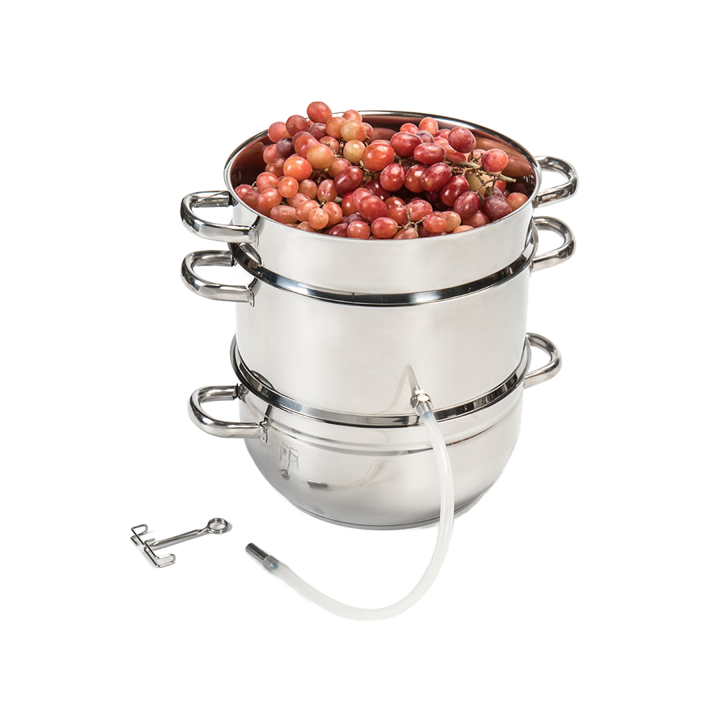 Stainless steel 11 qt steam juicer with glass lid, leak-proof spout, and three-tier design filled with fresh grapes, featured in Kitchen & Food, Juicers and Steamers, Best Sellers, and Promo Eligible collections.