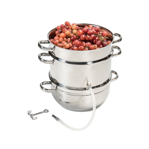 Stainless steel 11 qt steam juicer with glass lid, leak-proof spout, and three-tier design filled with fresh grapes, featured in Kitchen & Food, Juicers and Steamers, Best Sellers, and Promo Eligible collections.