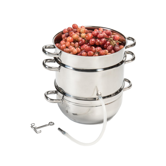 Stainless steel 11 qt steam juicer with glass lid, leak-proof spout, and three-tier design filled with fresh grapes, featured in Kitchen & Food, Juicers and Steamers, Best Sellers, and Promo Eligible collections.