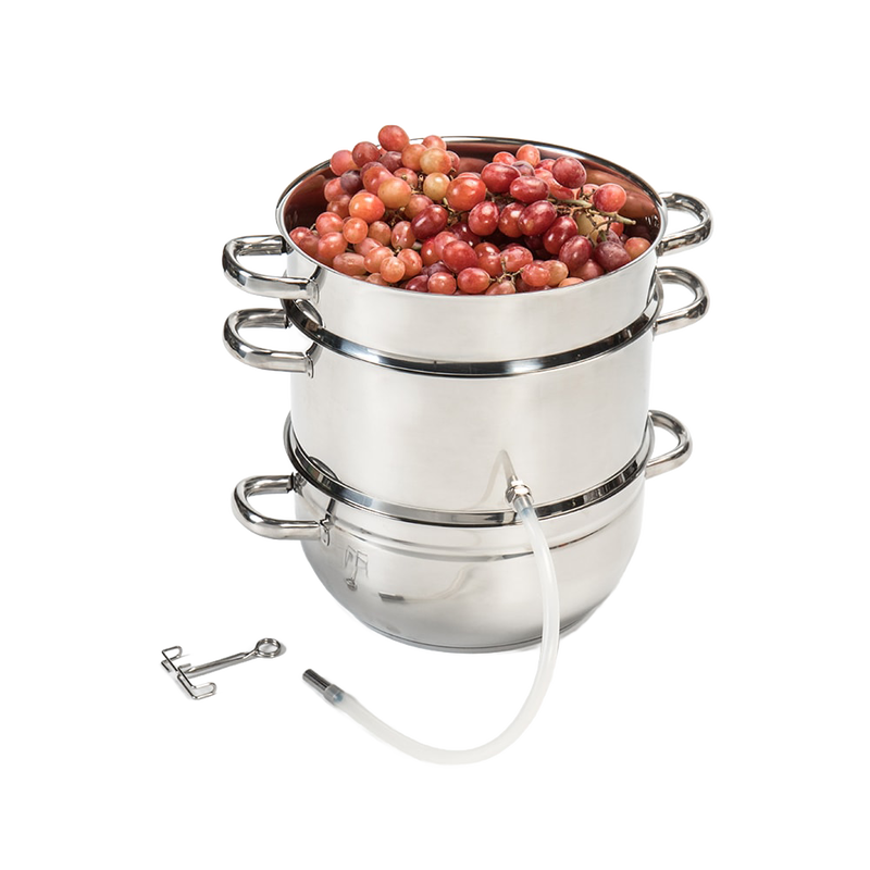 Stainless steel 11 qt steam juicer with glass lid, leak-proof spout, and three-tier design filled with fresh grapes, featured in Kitchen & Food, Juicers and Steamers, Best Sellers, and Promo Eligible collections.