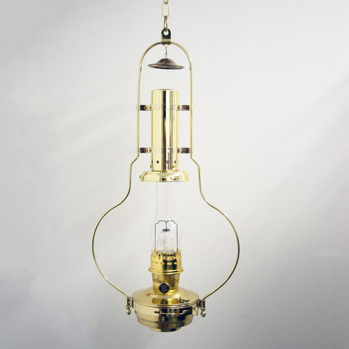 Polished brass hanging oil lamp with a clear glass chimney and solid brass frame, designed to spread warm light, suitable for farm, garden, emergency, and hanging lamp collections.