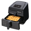 Black digital air fryer with a large removable basket filled with crinkle-cut fries, featuring an intuitive touchscreen control panel, ideal for Kitchen & Food and Cooking Helpers collections.