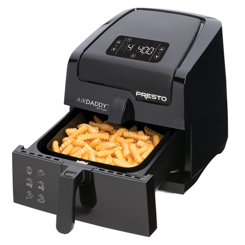 Black digital air fryer with a large removable basket filled with crinkle-cut fries, featuring an intuitive touchscreen control panel, ideal for Kitchen & Food and Cooking Helpers collections.