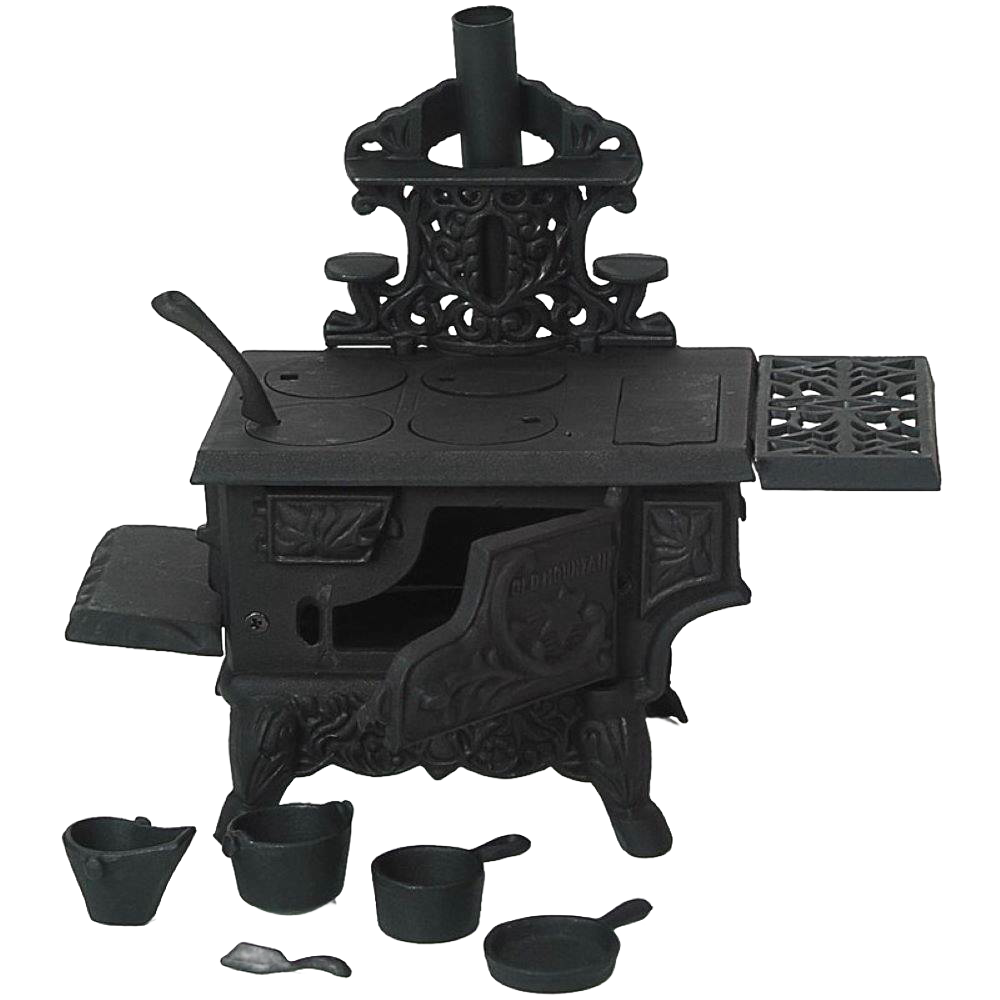 Miniature cast iron wood cook stove with working oven doors, removable lids, two pots, skillet, coal hod and scoop, designed for children's indoor play and best sellers collections.