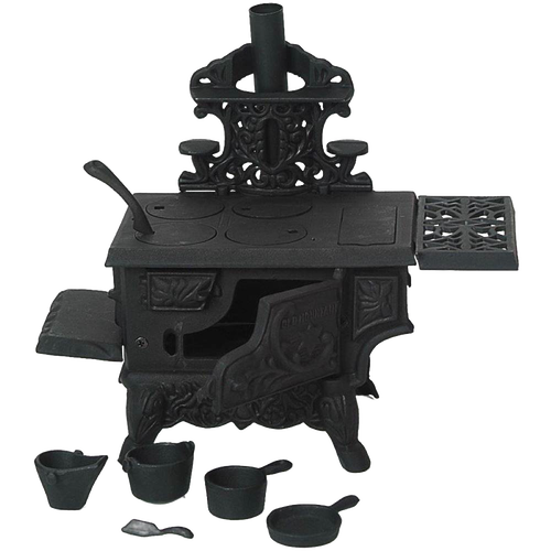 Miniature cast iron wood cook stove with working oven doors, removable lids, two pots, skillet, coal hod and scoop, designed for children's indoor play and best sellers collections.