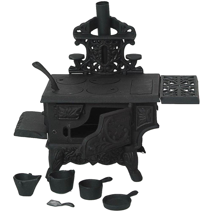 Miniature cast iron wood cook stove with working oven doors, removable lids, two pots, skillet, coal hod and scoop, designed for children's indoor play and best sellers collections.