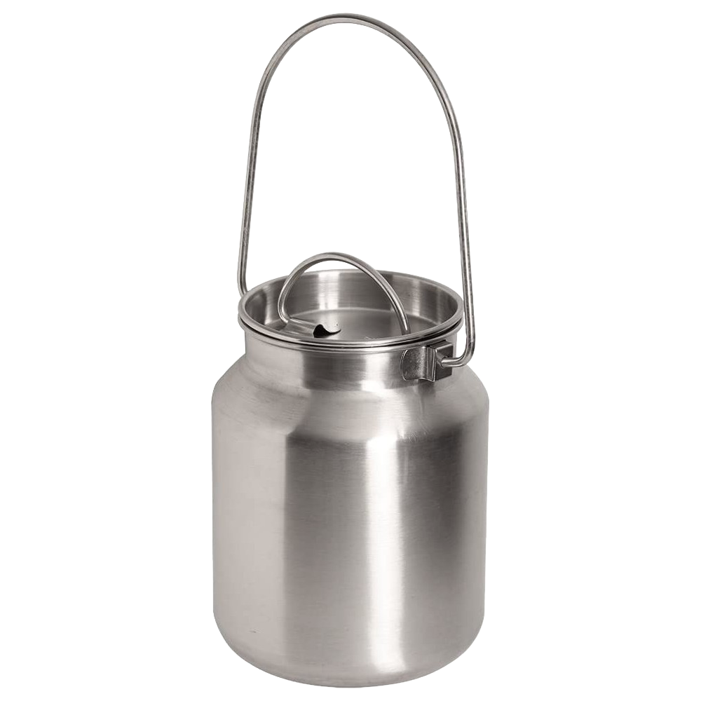 Brushed stainless steel milk can with welded bail tabs and sturdy handle, designed for versatile country decor and practical use, featured in Home & Decor and Farm collections.