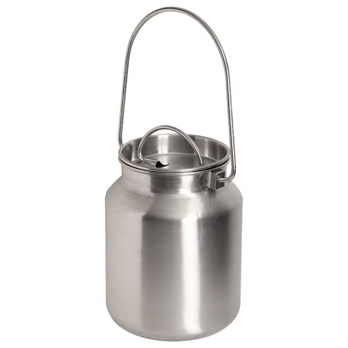 Brushed stainless steel milk can with welded bail tabs and sturdy handle, designed for versatile country decor and practical use, featured in Home & Decor and Farm collections.