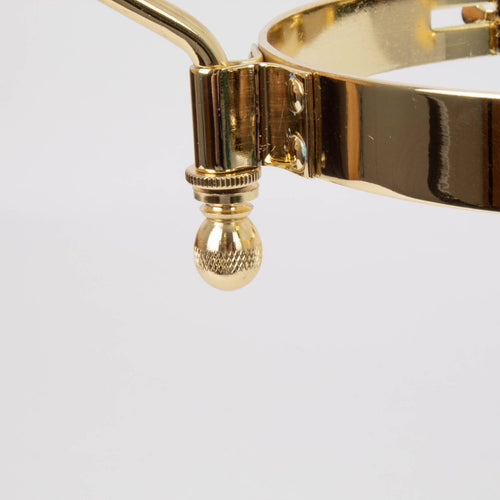 Close-up of a gleaming brass lamp frame component featuring detailed knurled adjustment knob, part of a deluxe hanging lamp frame for 12-inch Aladdin 210 series shades in Lamps & Lighting and Parts and Accessories collections.