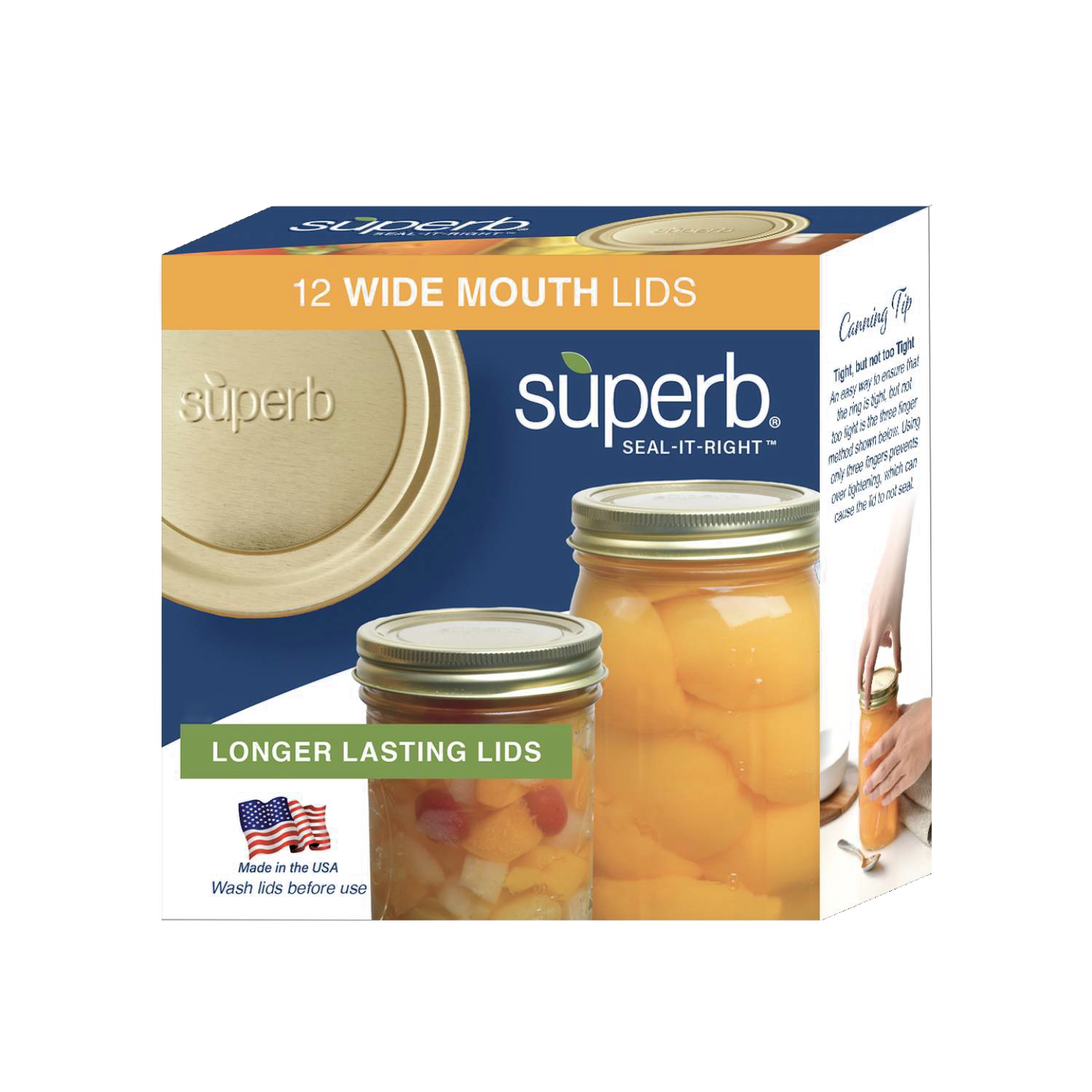 Box of 12 wide-mouth canning jar lids embossed with "superb," featuring enhanced BluSeal™ integrity for durable sealing, made in USA, ideal for Kitchen & Food, Food Preservation, and Canning collections.