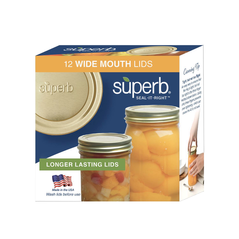 Box of 12 wide-mouth canning jar lids embossed with "superb," featuring enhanced BluSeal™ integrity for durable sealing, made in USA, ideal for Kitchen & Food, Food Preservation, and Canning collections.