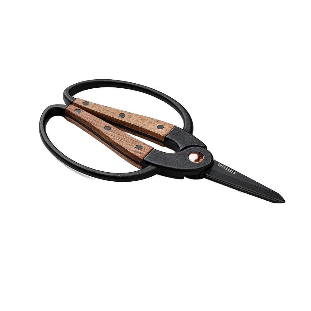 Small gardener's scissors with heat-treated stainless steel blades and wide walnut handles featuring ambidextrous grip, designed for comfortable herb harvesting in Farm, Garden & Tool and Garden Accessories collections.