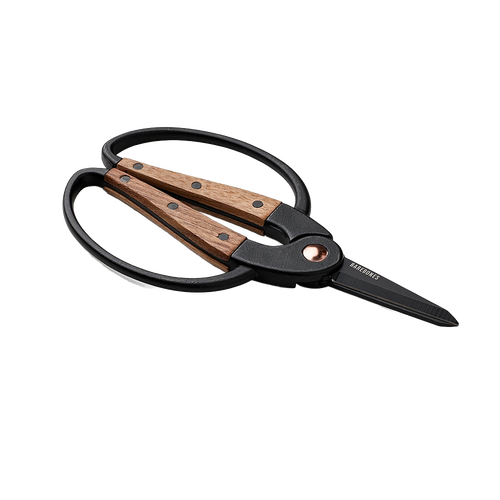 Small gardener's scissors with heat-treated stainless steel blades and wide walnut handles featuring ambidextrous grip, designed for comfortable herb harvesting in Farm, Garden & Tool and Garden Accessories collections.