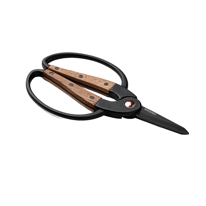 Small gardener's scissors with heat-treated stainless steel blades and wide walnut handles featuring ambidextrous grip, designed for comfortable herb harvesting in Farm, Garden & Tool and Garden Accessories collections.
