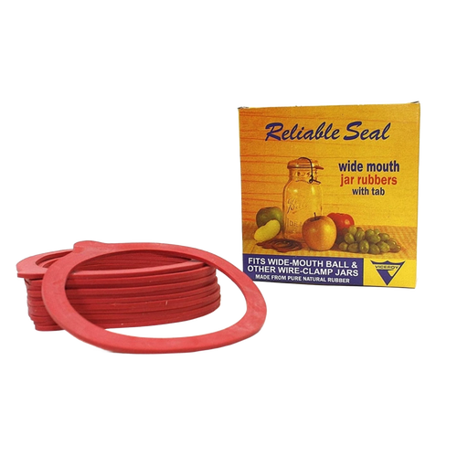Pack of red rubber sealing rings designed for wide-mouth jars, featured with tab for easy use, made from natural rubber, suitable for Kitchen & Food, Canning, and Food Preservation collections.