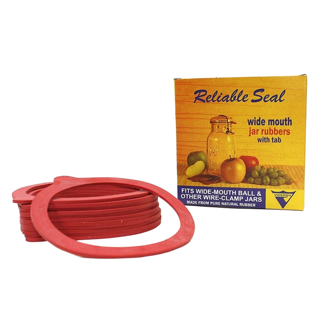 Pack of red rubber sealing rings designed for wide-mouth jars, featured with tab for easy use, made from natural rubber, suitable for Kitchen & Food, Canning, and Food Preservation collections.