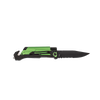 Handcrafted survival knife with bright green and black handle, serrated sawblade edge, built-in seatbelt cutter and glass breaker, ideal for emergency supplies, camping, and farm tool collections.