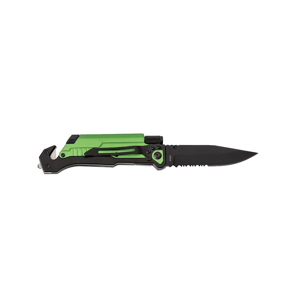 Handcrafted survival knife with bright green and black handle, serrated sawblade edge, built-in seatbelt cutter and glass breaker, ideal for emergency supplies, camping, and farm tool collections.