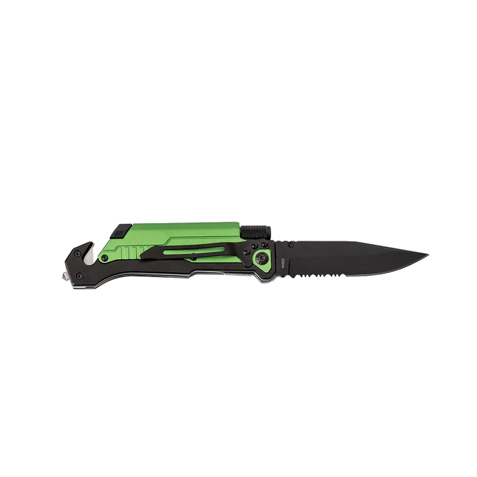 Handcrafted survival knife with bright green and black handle, serrated sawblade edge, built-in seatbelt cutter and glass breaker, ideal for emergency supplies, camping, and farm tool collections.