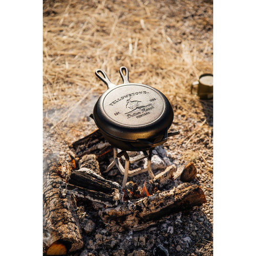 Handcrafted cast iron Bucking Bronco combo cooker made in USA, shown cooking over an outdoor wood fire, perfect for Kitchen & Food, Cookware, Cast Iron, USA Made, and Best Sellers collections.