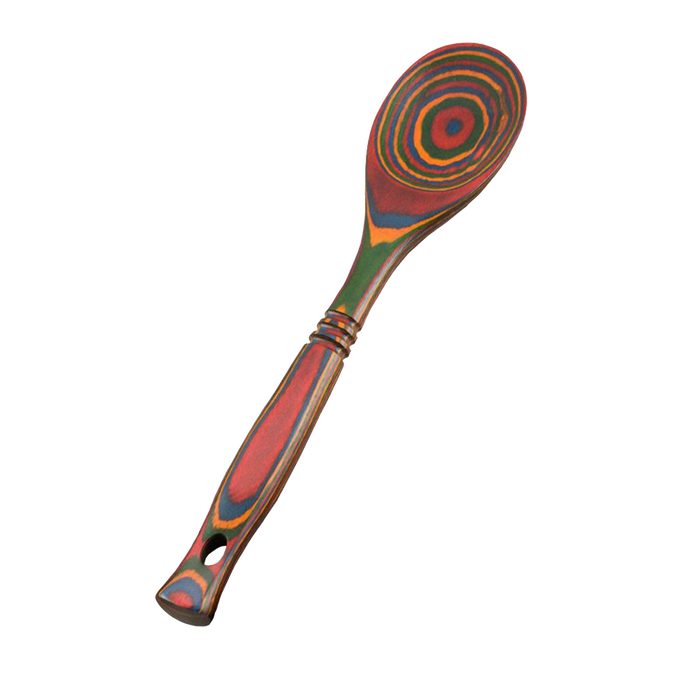 Handcrafted pakkawood spoon showcasing vibrant, multi-colored concentric rings, sturdy and heat resistant, perfect for Kitchen & Food, Kitchen Gadgets, Cooking and Baking Helpers, Storage and Serving, and Best Sellers collections.