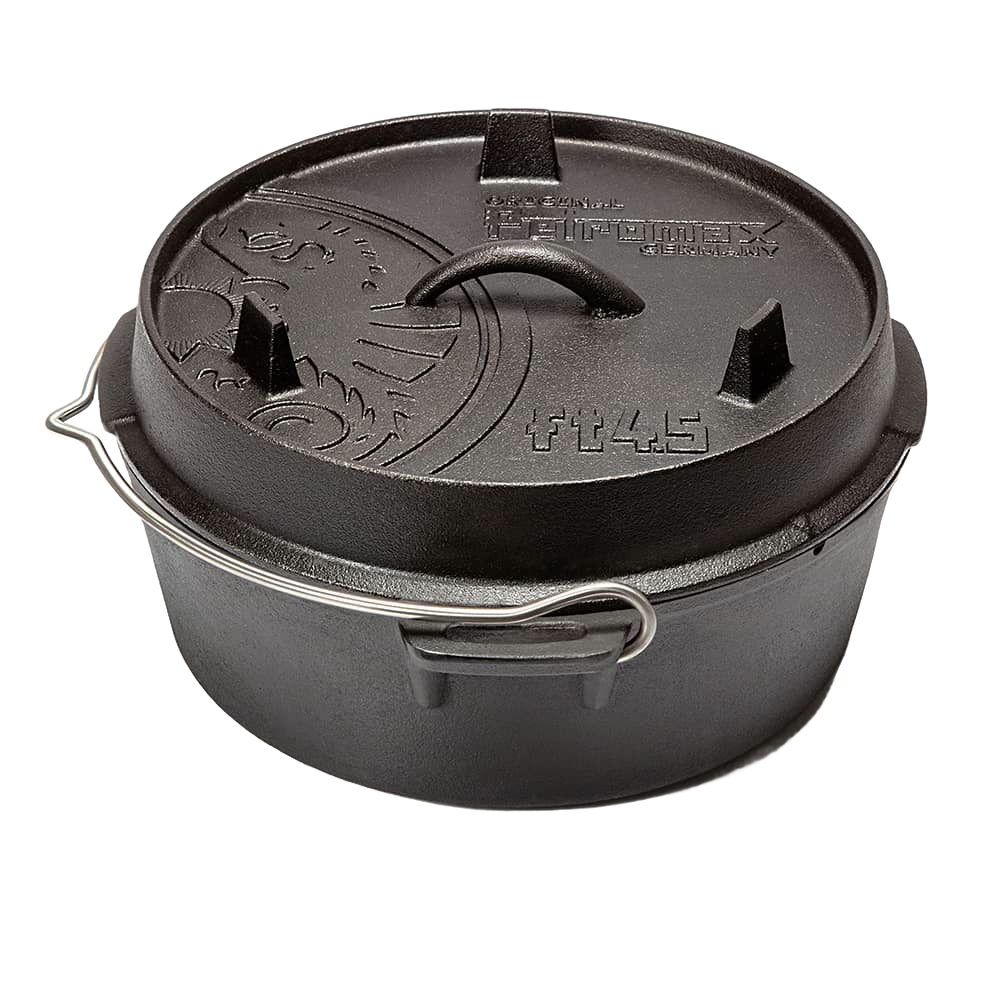 Black cast iron Dutch oven with flat base and embossed lid featuring a central handle and small legs on top, equipped with a sturdy bail handle, suited for kitchen and outdoor cooking, included in Kitchen & Food, Cookware, Cast Iron, Best Sellers, Promo Eligible collections.