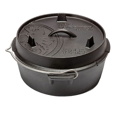 Black cast iron Dutch oven with flat base and embossed lid featuring a central handle and small legs on top, equipped with a sturdy bail handle, suited for kitchen and outdoor cooking, included in Kitchen & Food, Cookware, Cast Iron, Best Sellers, Promo Eligible collections.