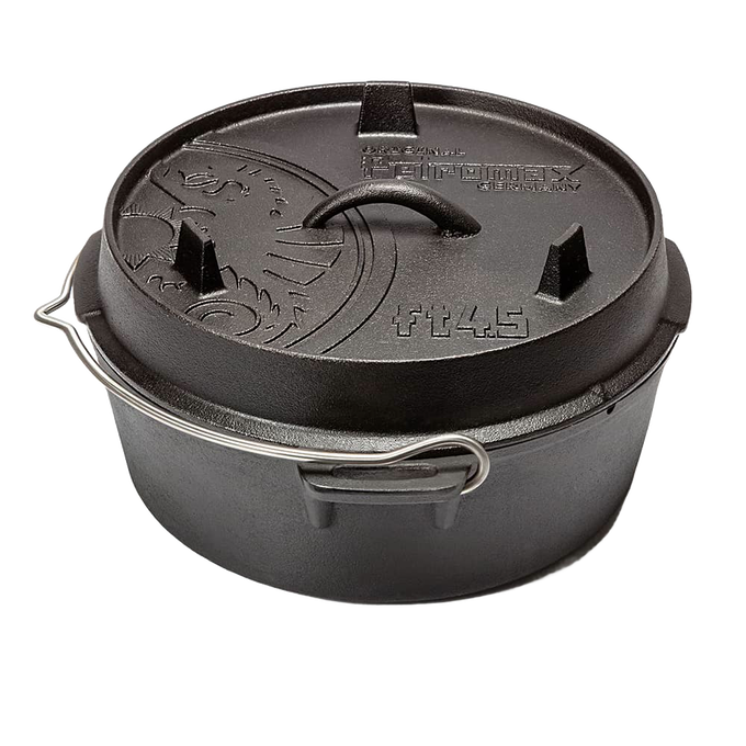 Black cast iron Dutch oven with flat base and embossed lid featuring a central handle and small legs on top, equipped with a sturdy bail handle, suited for kitchen and outdoor cooking, included in Kitchen & Food, Cookware, Cast Iron, Best Sellers, Promo Eligible collections.