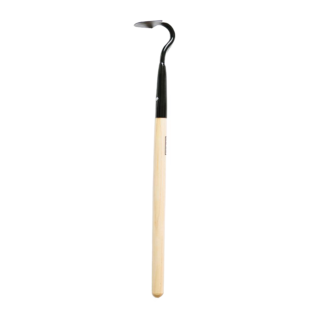 Handcrafted cultivating tool with a natural wooden handle and curved metal head, designed for precise garden care and easy soil cultivating in farm and garden settings.