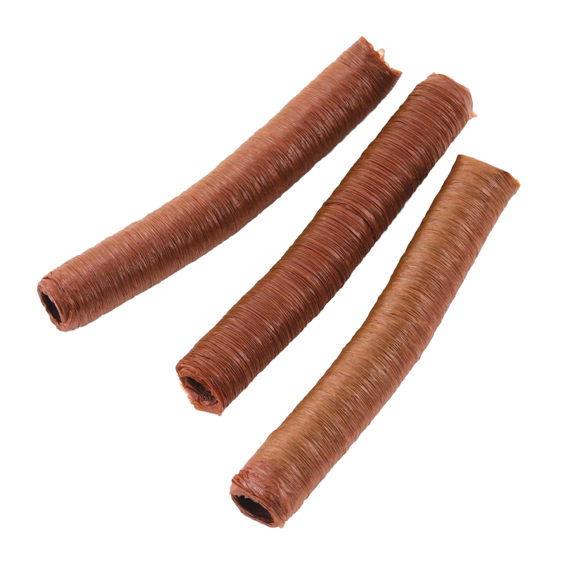 Three natural smoked collagen sausage casings in varying rich brown shades, ideal for homemade sausage making, featured in Kitchen & Food and Butchering Supplies collections.