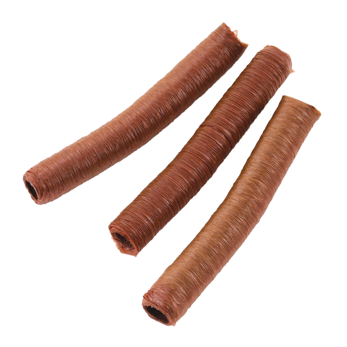 Three natural smoked collagen sausage casings in varying rich brown shades, ideal for homemade sausage making, featured in Kitchen & Food and Butchering Supplies collections.