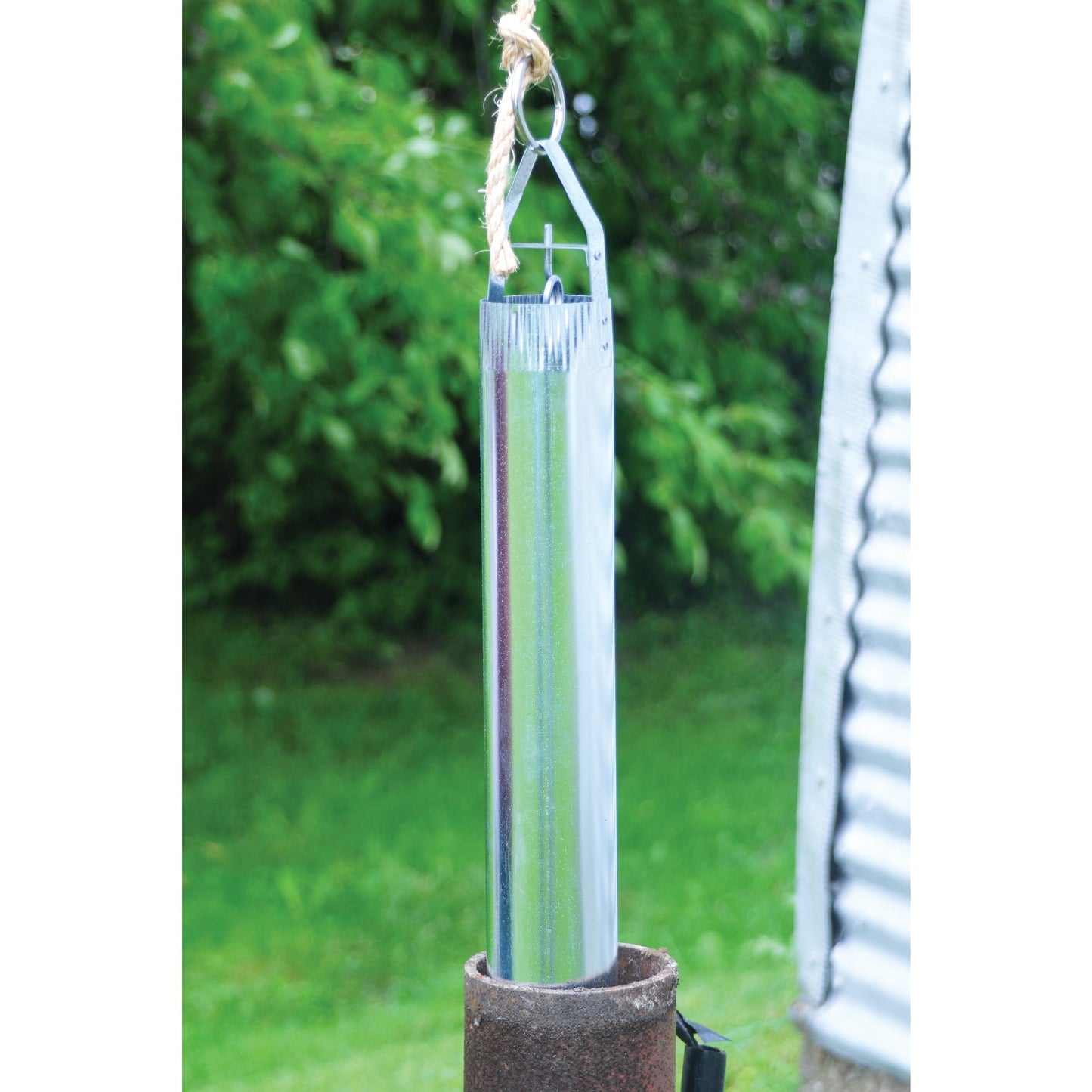 Long cylindrical galvanized steel well bucket with watertight valve and reinforced crimped seams, handcrafted for reliable water retrieval in farm, garden, emergency, and best seller tool collections.