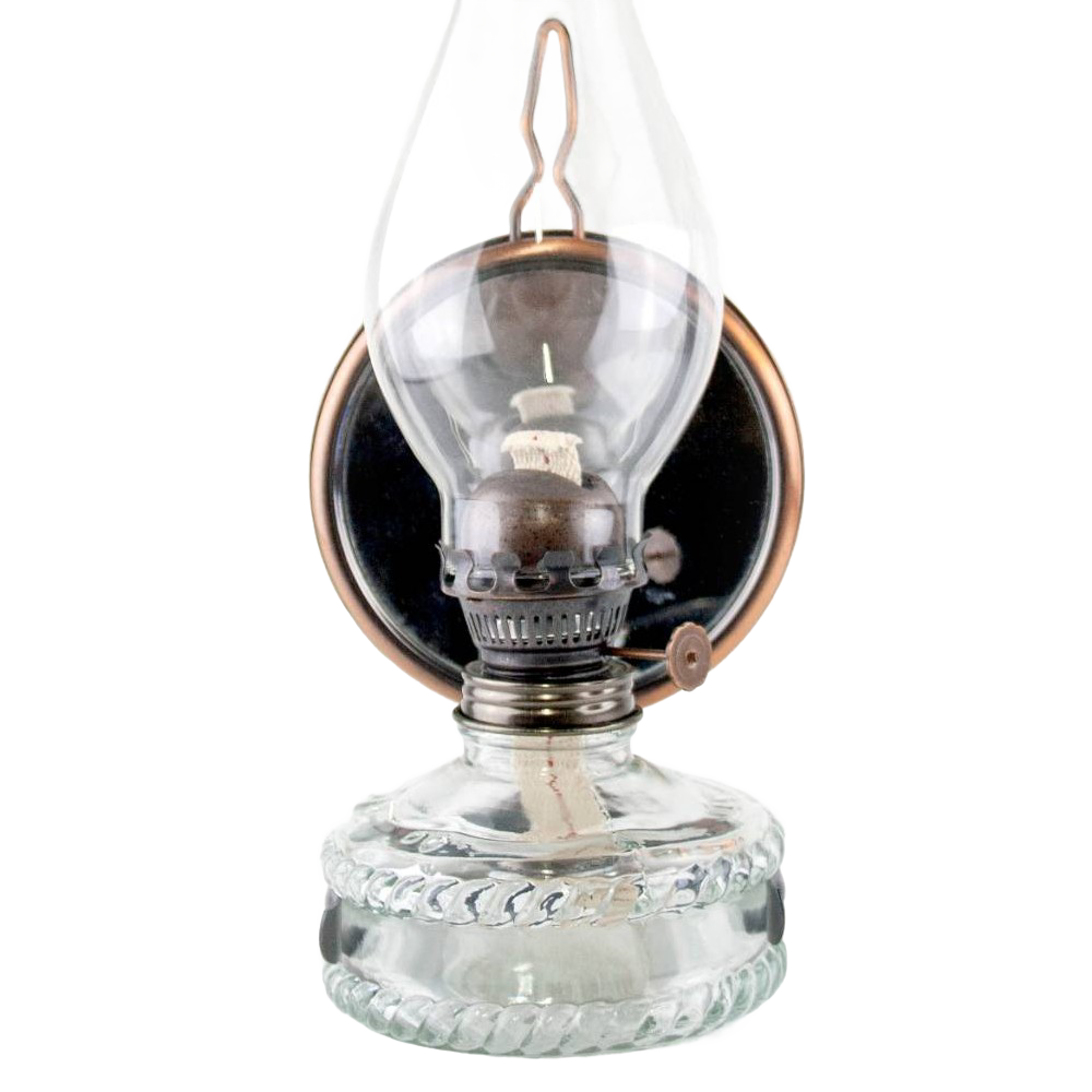 Vintage-style glass oil lamp with a handcrafted flat wick, featuring clear glass fuel reservoir and brass burner, suitable for Farm, Garden & Tool, Lamps & Lighting, and Emergency Supplies collections.
