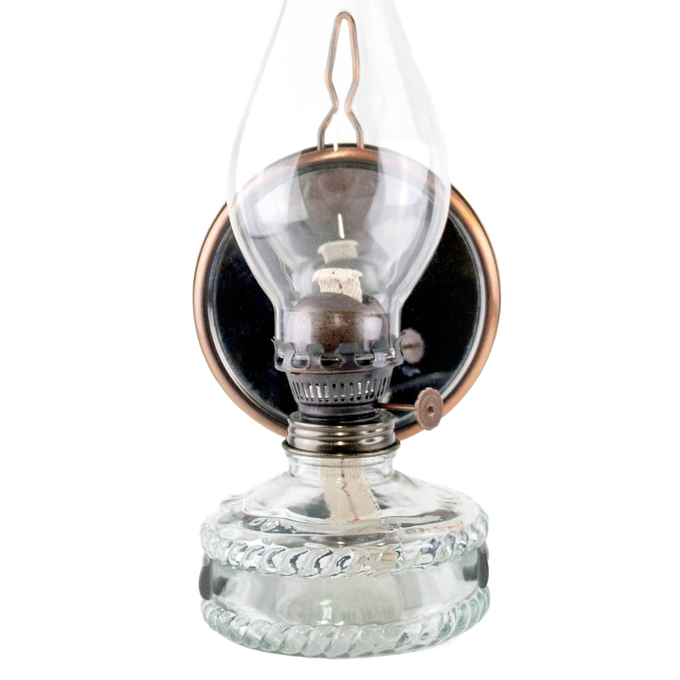 Vintage-style glass oil lamp with a handcrafted flat wick, featuring clear glass fuel reservoir and brass burner, suitable for Farm, Garden & Tool, Lamps & Lighting, and Emergency Supplies collections.