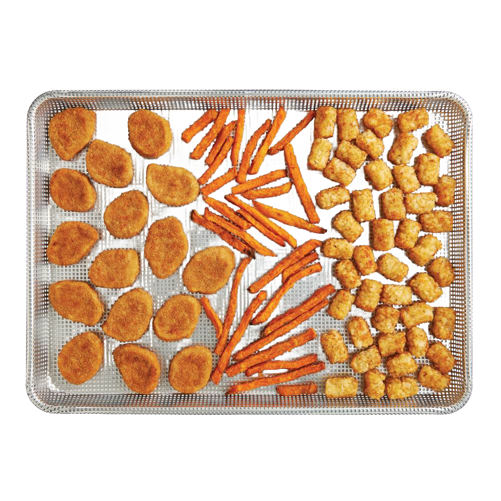 Half size perforated crisp pan loaded with breaded chicken nuggets, seasoned fries, and golden tater tots, crafted for even airflow and enhanced crispiness; featured in Kitchen & Food, Cookware, Baking Supplies, Best Sellers, and Promo Eligible collections.