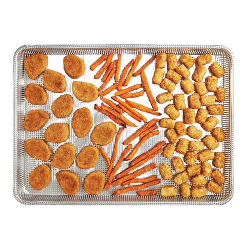 Half size perforated crisp pan loaded with breaded chicken nuggets, seasoned fries, and golden tater tots, crafted for even airflow and enhanced crispiness; featured in Kitchen & Food, Cookware, Baking Supplies, Best Sellers, and Promo Eligible collections.