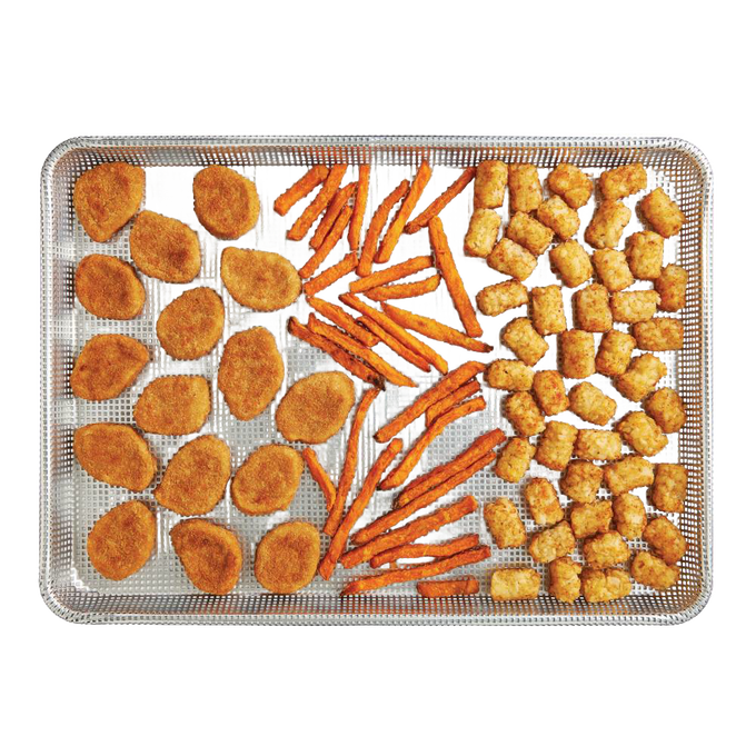 Half size perforated crisp pan loaded with breaded chicken nuggets, seasoned fries, and golden tater tots, crafted for even airflow and enhanced crispiness; featured in Kitchen & Food, Cookware, Baking Supplies, Best Sellers, and Promo Eligible collections.