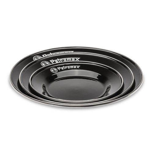 Three durable black enamel plates with white Petromax logos, lightweight and heat-resistant, ideal for Farm, Garden & Tool, Kitchen & Food, Camping, Dinnerware, Best Sellers, and Promo Eligible collections.