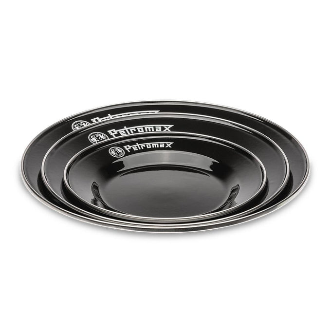 Three durable black enamel plates with white Petromax logos, lightweight and heat-resistant, ideal for Farm, Garden & Tool, Kitchen & Food, Camping, Dinnerware, Best Sellers, and Promo Eligible collections.