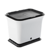 White sturdy compost bin with a black vented lid and base, designed for odor-free kitchen use and handcrafted for farm, garden, and kitchen collections.