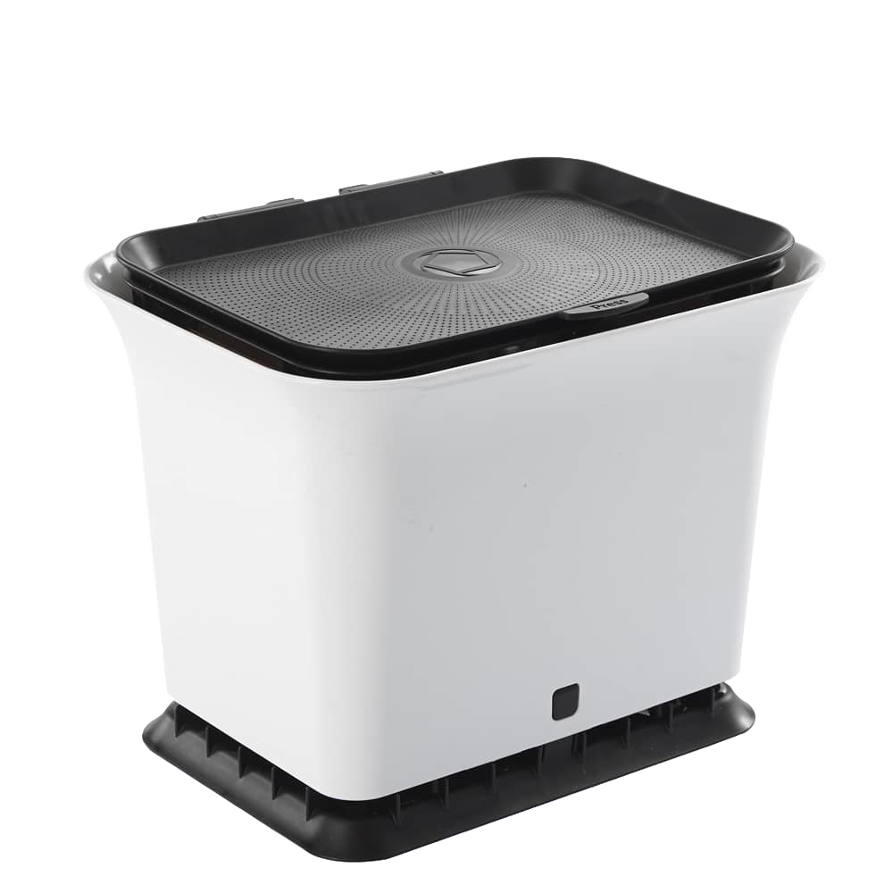White sturdy compost bin with a black vented lid and base, designed for odor-free kitchen use and handcrafted for farm, garden, and kitchen collections.